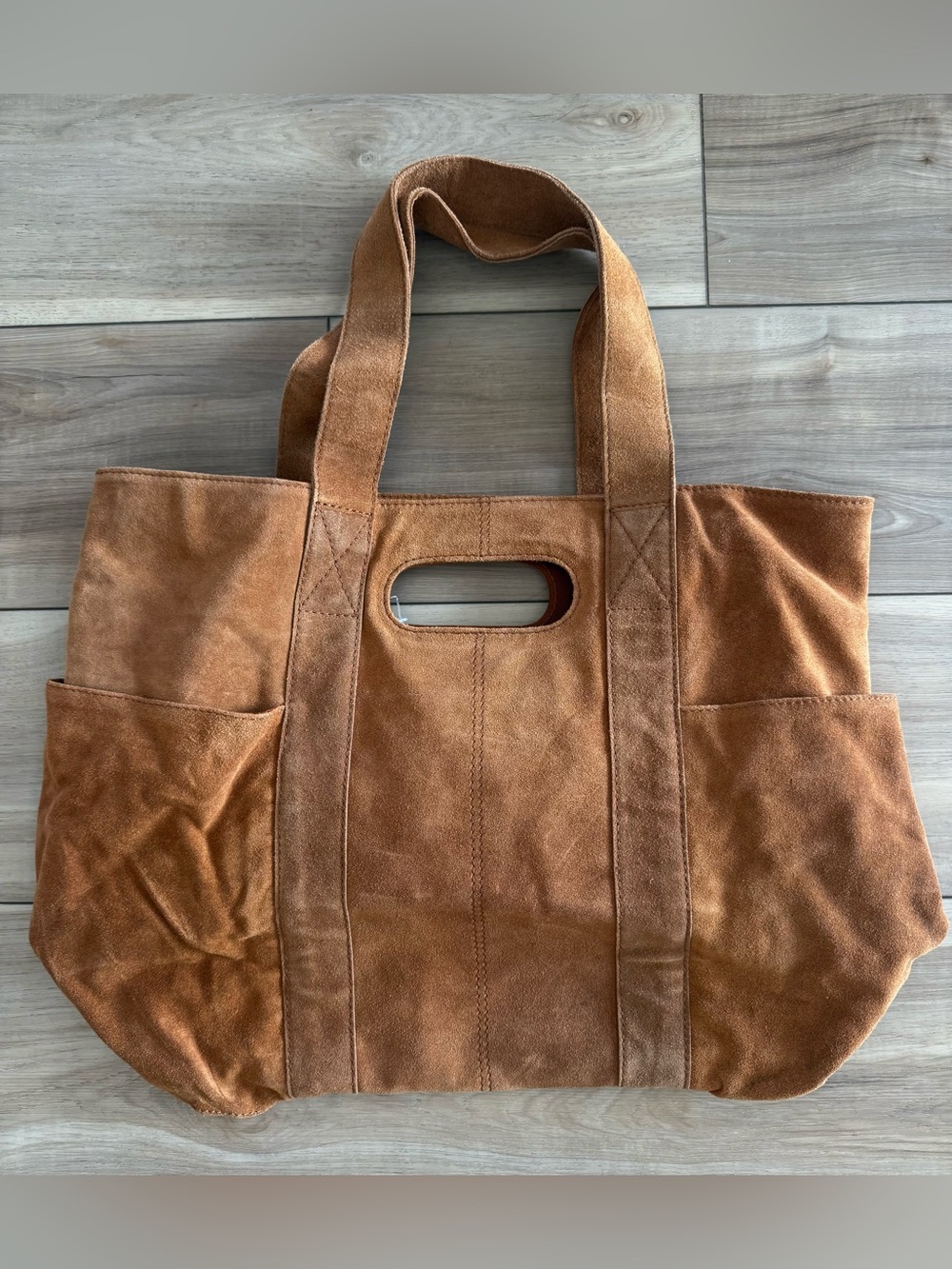 Free People Cognac Suede Tote with Cutout Handle